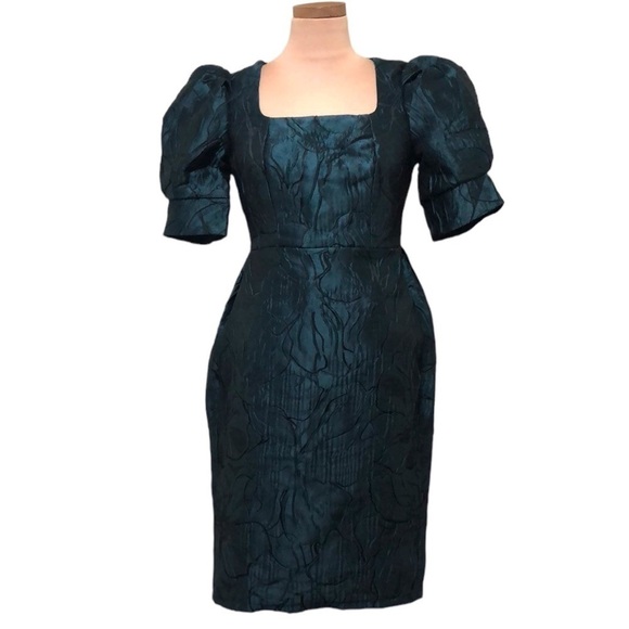 Vintage Dress Size 8 Medium Textured Dark Forest Green Puff Sleeve Sheath - Picture 1 of 8
